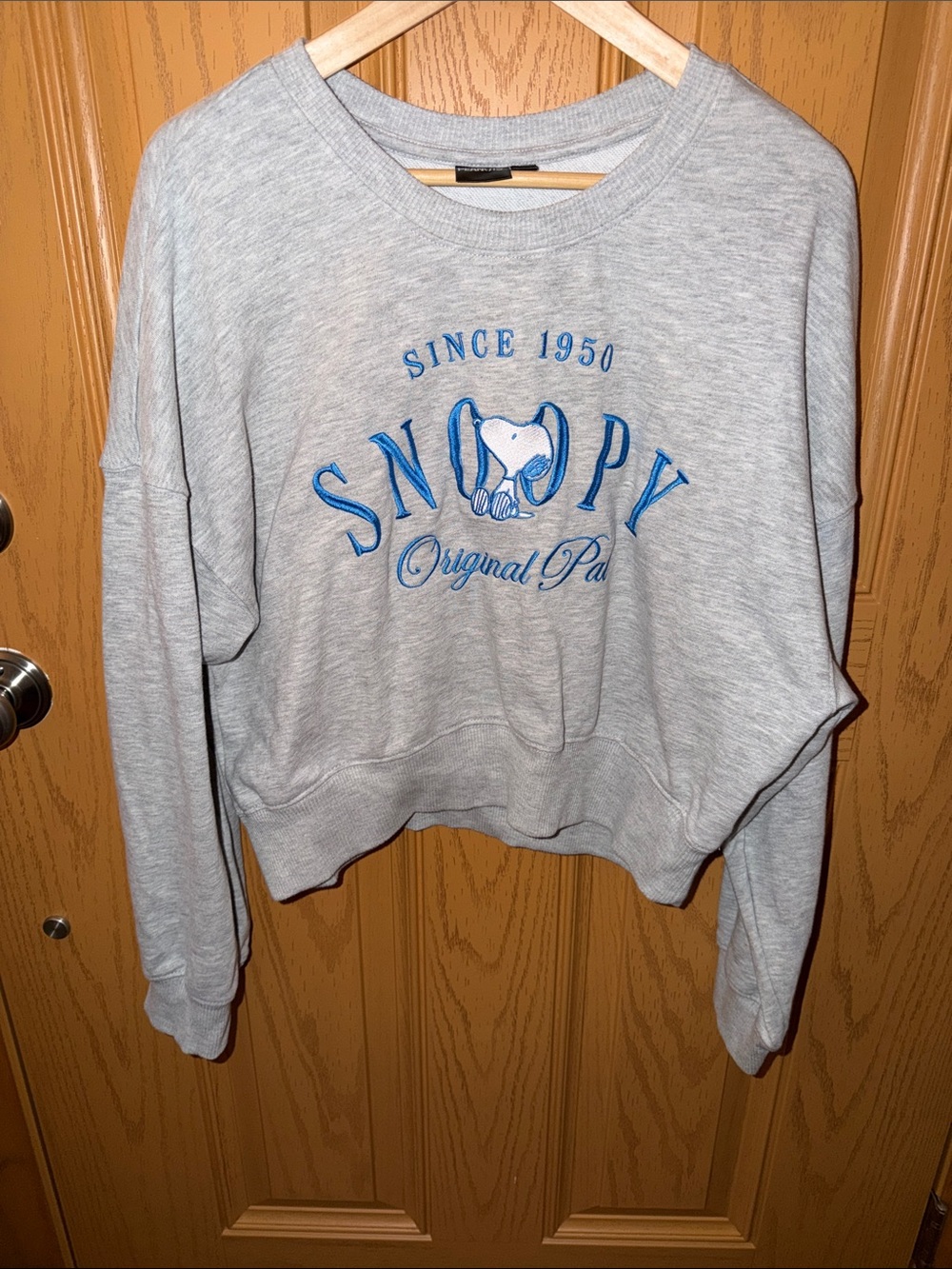 Peanuts Snoopy Embroidered Light Gray Crewneck Sweatshirt - Women's Pullover